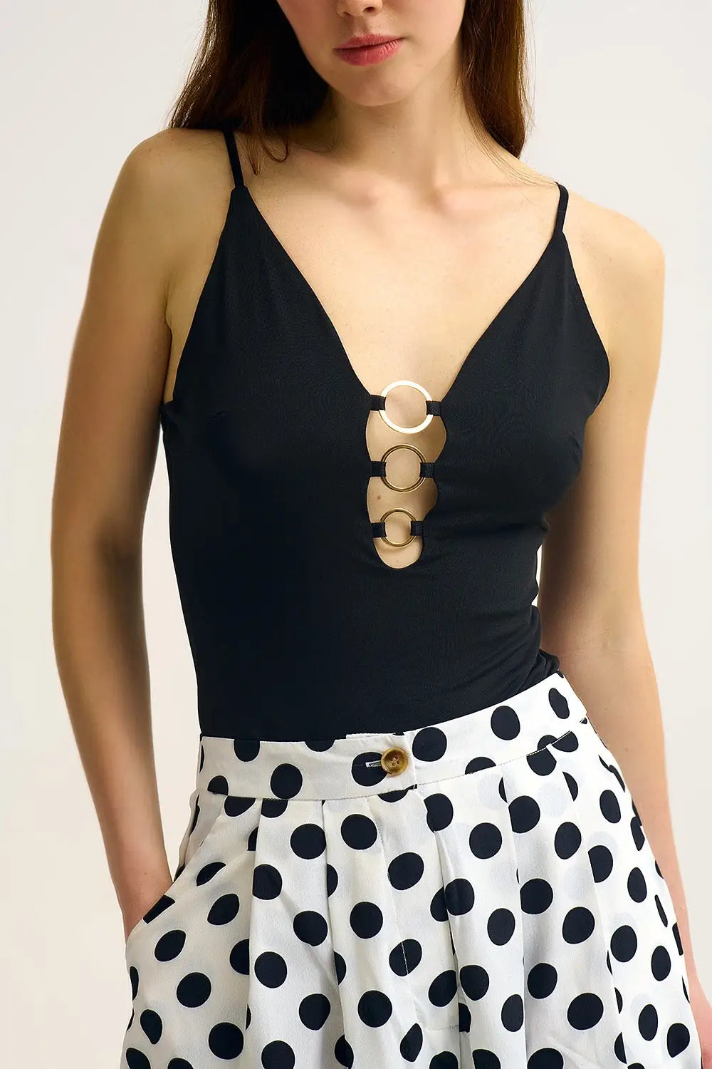 Black gold Ring-Detail V-Neck Bodysuit in elastic fabric - Tops