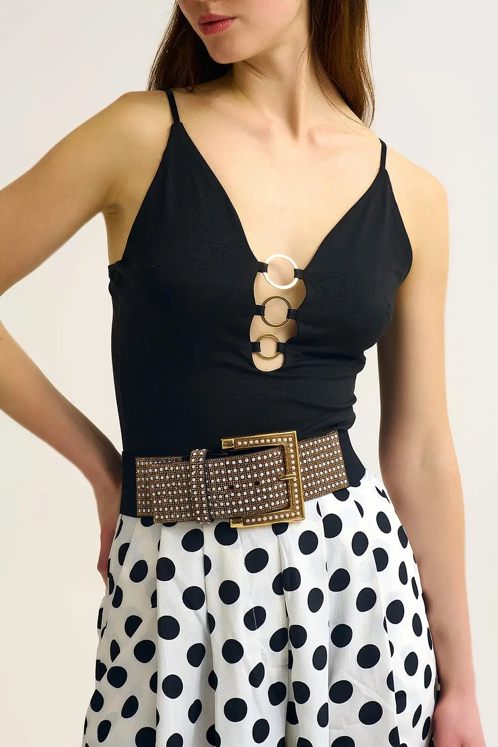 Black gold Ring-Detail V-Neck Bodysuit in elastic fabric - Tops
