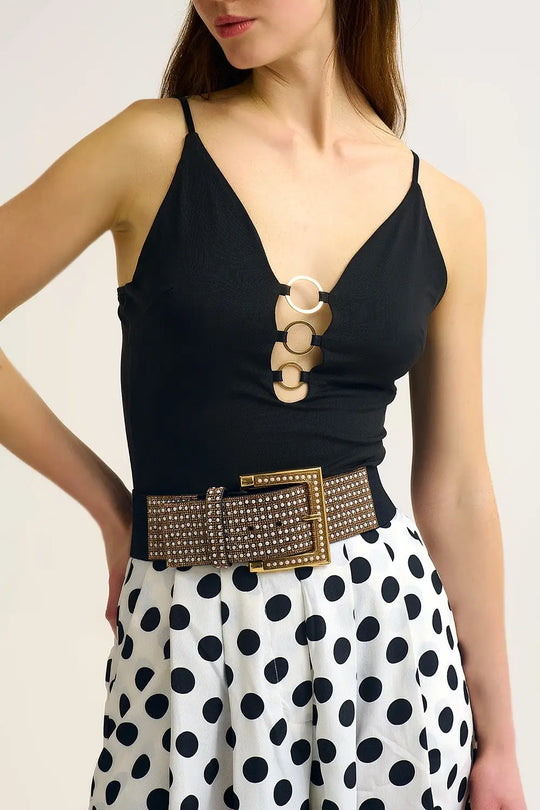 Black gold Ring-Detail V-Neck Bodysuit in elastic fabric - Tops