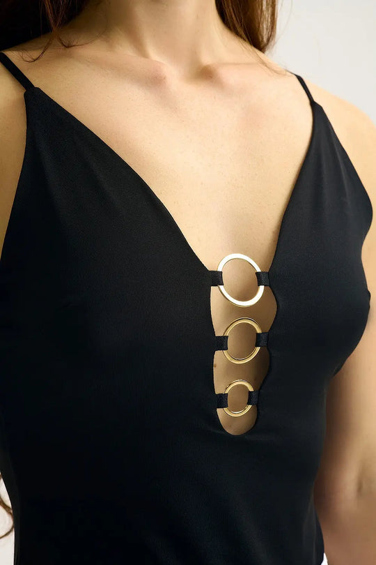Black gold Ring-Detail V-Neck Bodysuit in elastic fabric - Tops