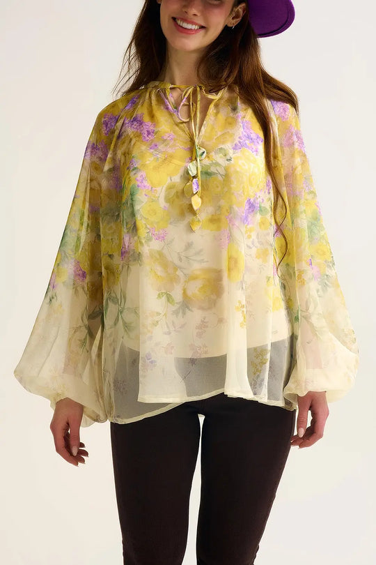 Floral Chiffon Blouse with Sheer Finish and Flowing Silhouette - Shirts