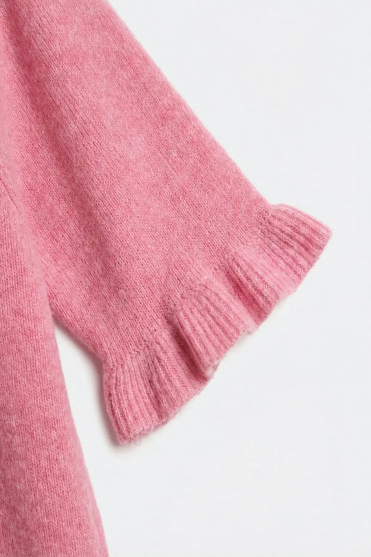 Pink Soft fluffy Knit sweater with Ruffled Sleeve Detail - PINK / ONE - Sweaters