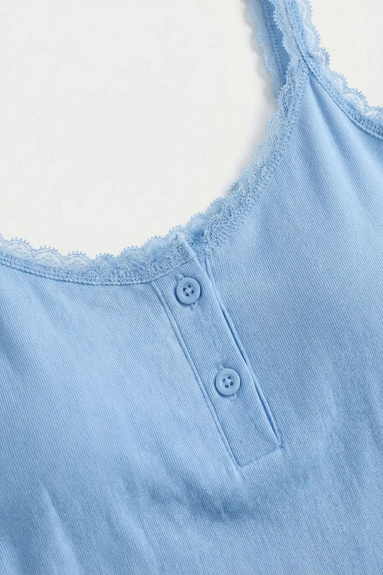 Light Blue Ribbed Knit Cropped Tank Top with buttons details - Tops