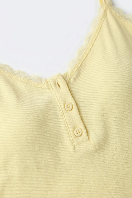 Yellow Ribbed Knit Tank Top with Button Detail - Tops