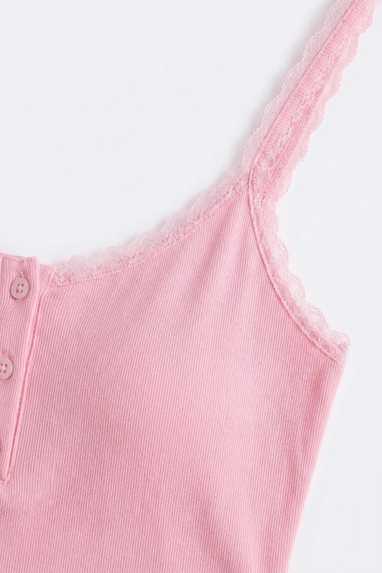 Pink Ribbed Knit Button-Front Cami Tank Top with buttons details - Tops