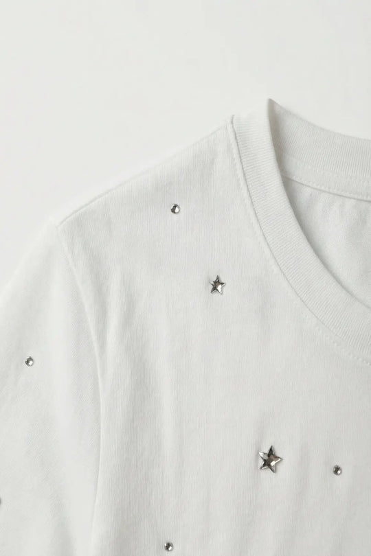 White Cotton T-Shirt Embellished with Strass Details - T-Shirts