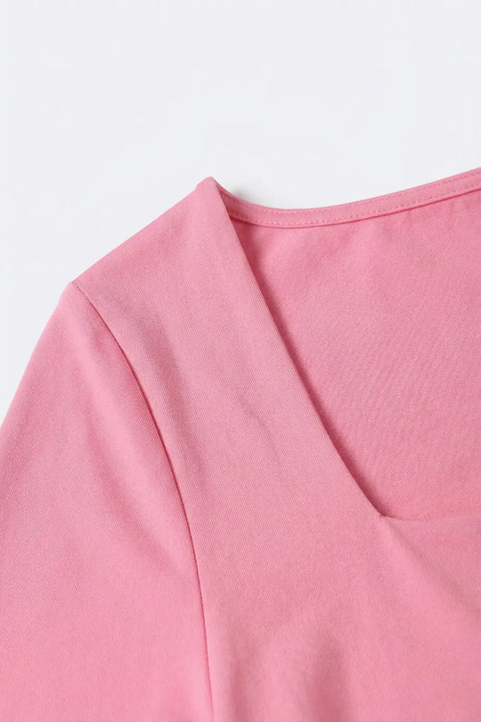 Pink Short Sleeve Square Neck Stretch Top - Tops