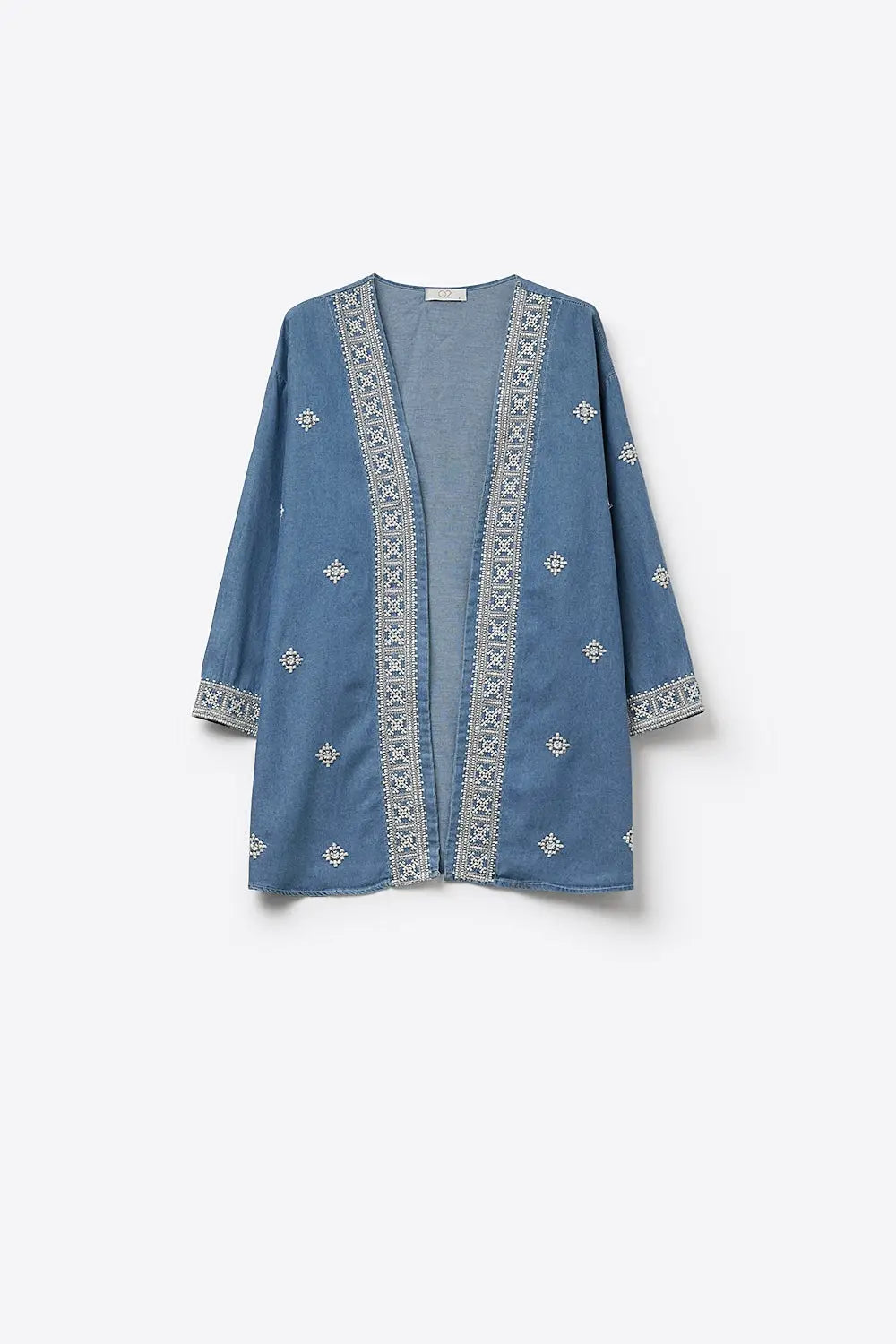 Blue Embroidered Open-Front Kimono with White Trim - Jackets
