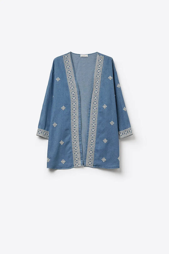 Blue Embroidered Open-Front Kimono with White Trim - Jackets