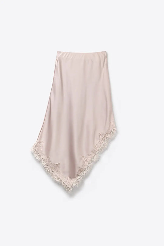 Pink Satin Handkerchief Skirt with Lace Trim - Skirts