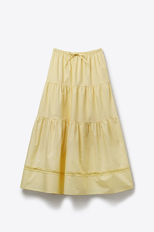 Yellow Poplin Maxi Skirt with Lace Detail - Skirts