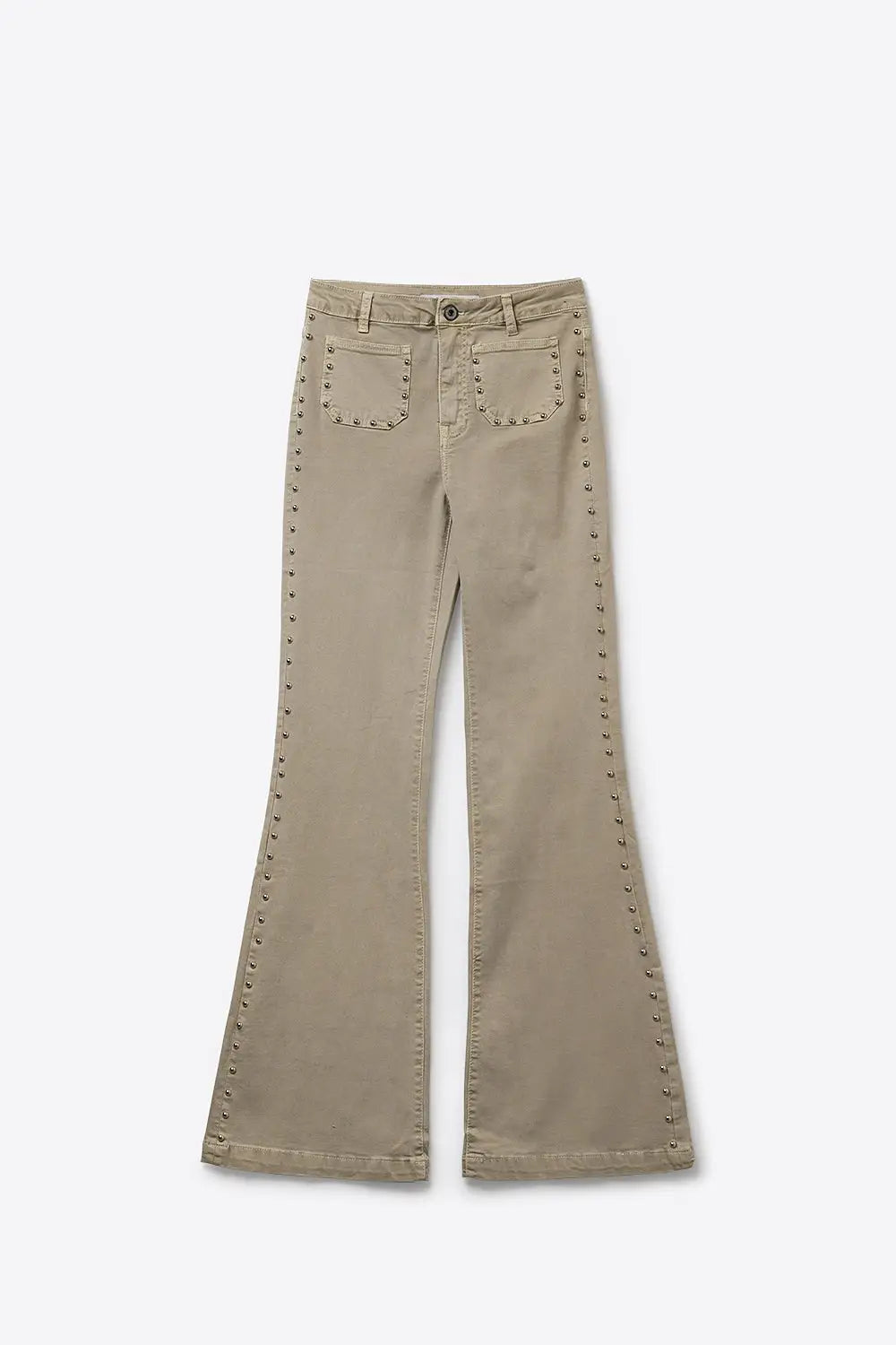 Beige Flared Pants with Studded Side Detail - Pants