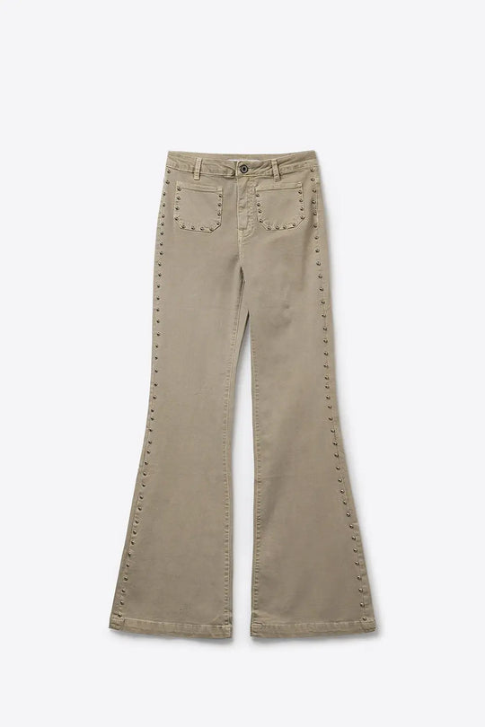 Beige Flared Pants with Studded Side Detail - Pants
