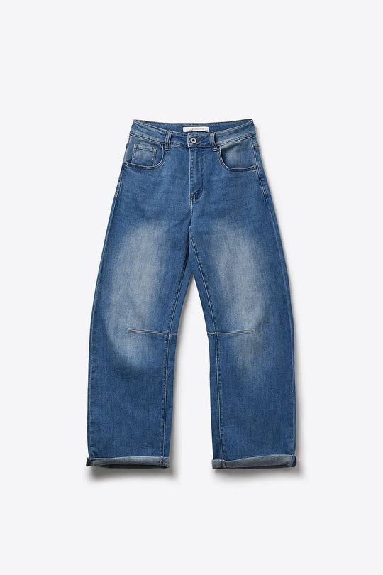 Mid-Wash Straight-Leg Denim Jeans with Rolled Cuffs