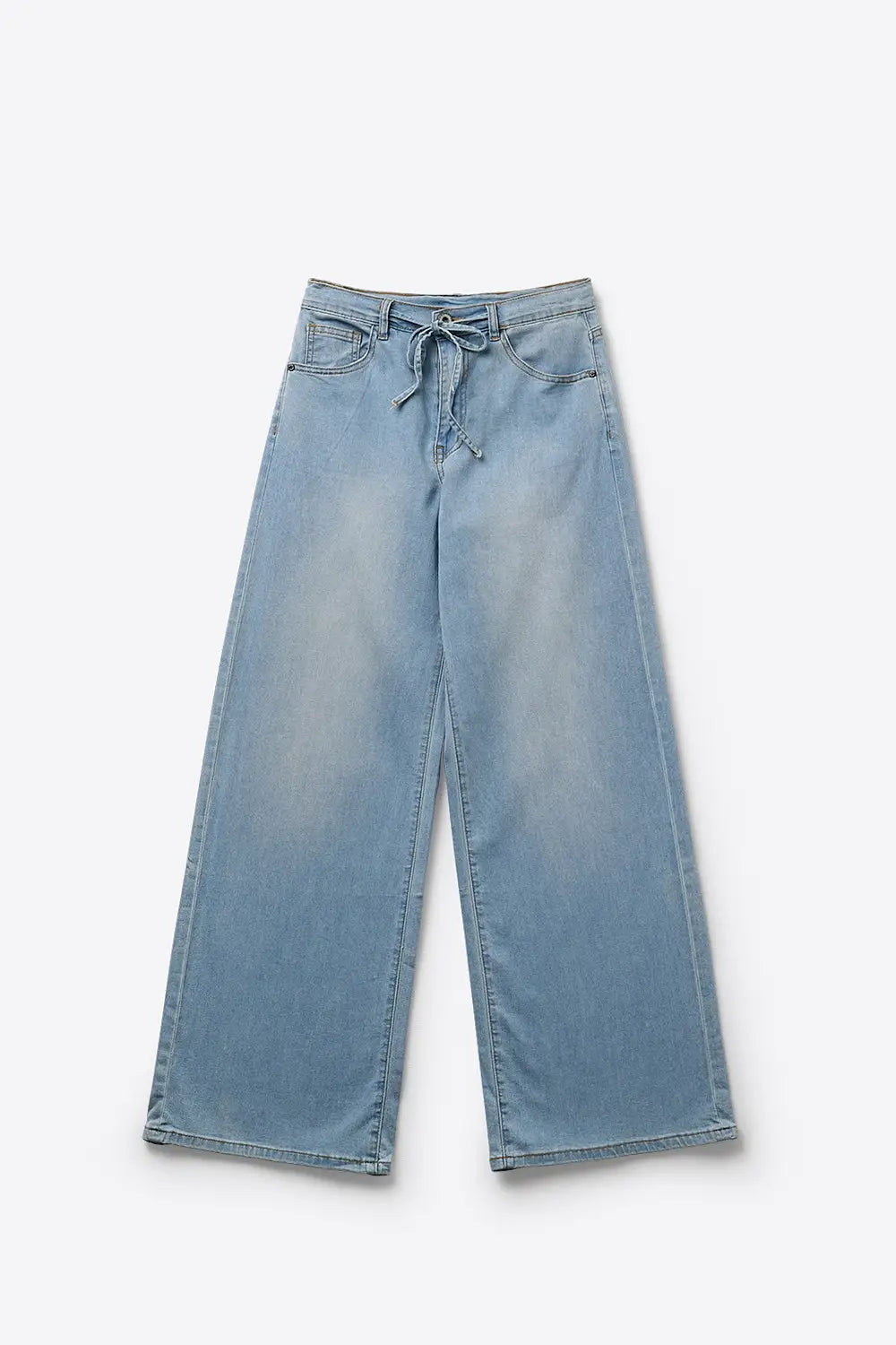 Light Blue Wide-Leg Denim Pants with Drawstring Waist
