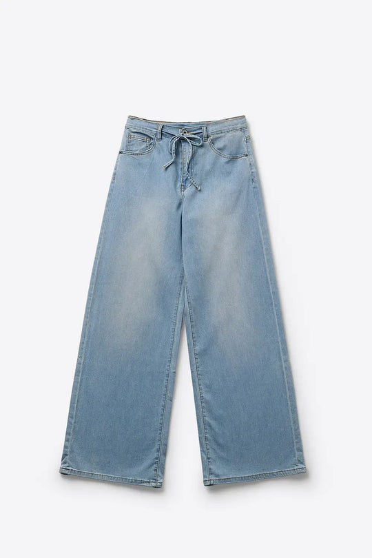 Light Blue Wide-Leg Denim Pants with Drawstring Waist