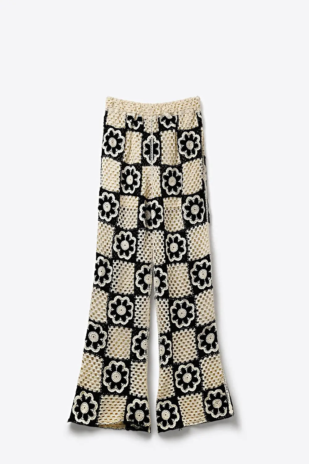 Black &amp; Cream Crochet Patchwork flare-Leg Pants with Floral Motif - Pants