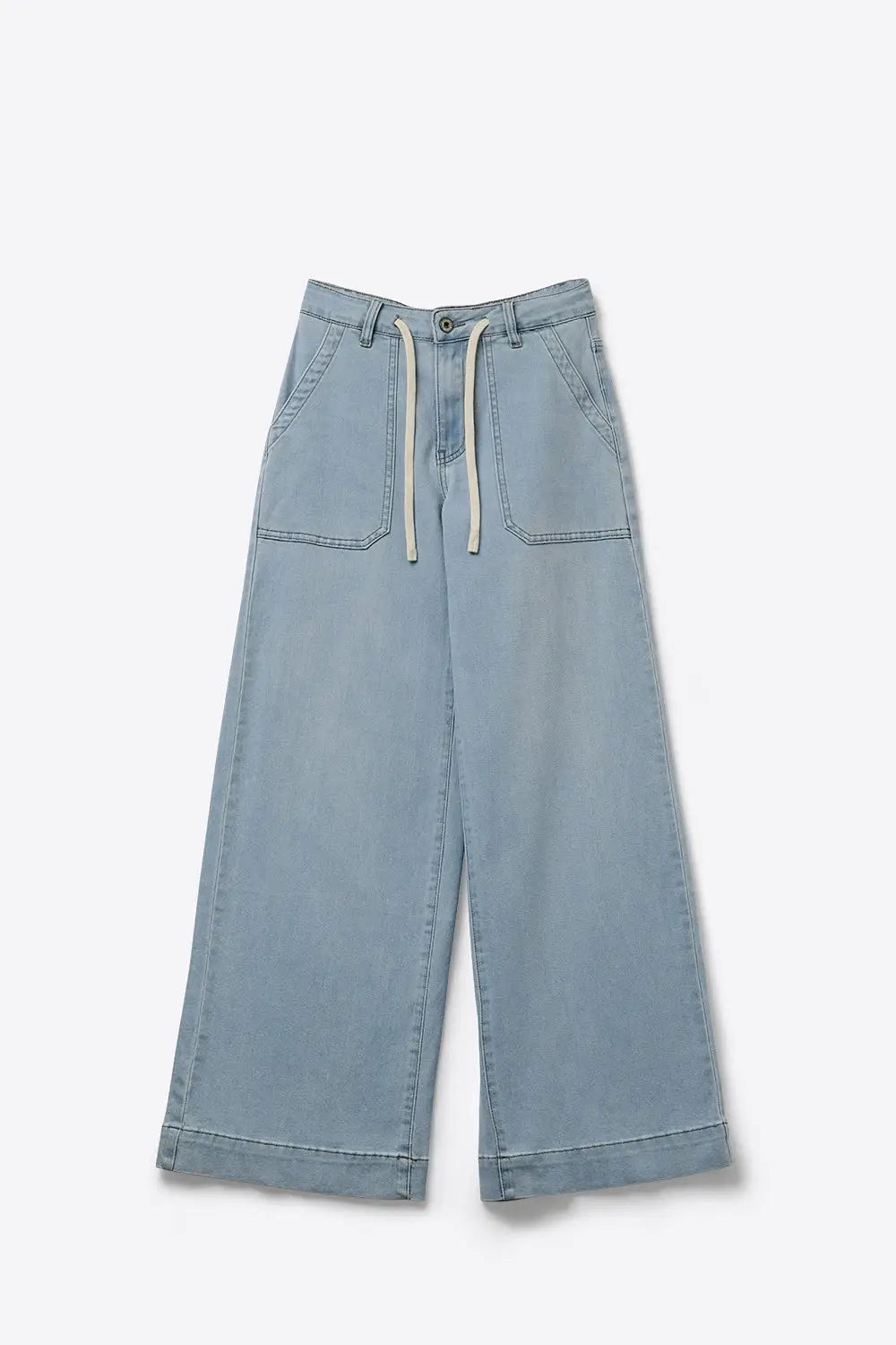 Light Blue Wide-Leg Denim Pants with Drawstring Waist