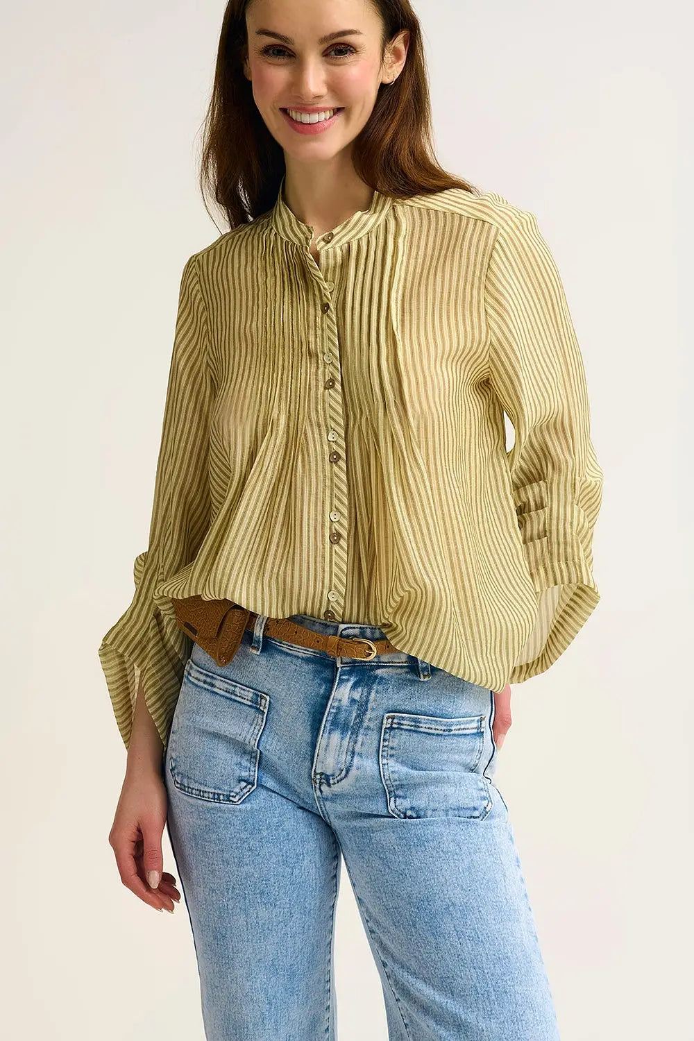 Chiffon Striped Button-Front Blouse with Relaxed Fit and Soft Texture - Shirts
