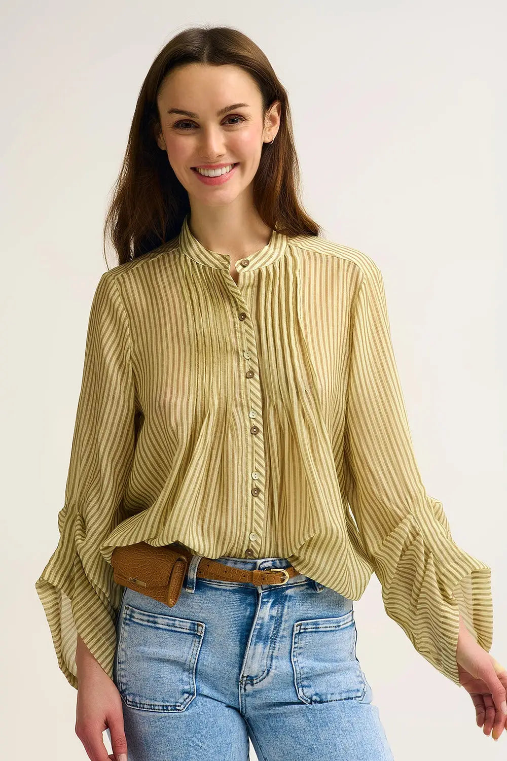 Chiffon Striped Button-Front Blouse with Relaxed Fit and Soft Texture - Shirts