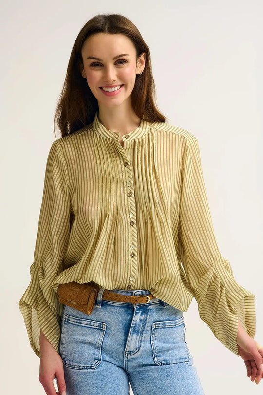 Chiffon Striped Button-Front Blouse with Relaxed Fit and Soft Texture - Shirts