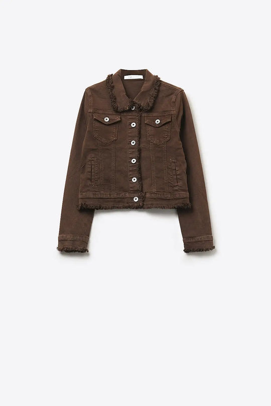 Raw edge denim jacket in chocolate color - Jackets
