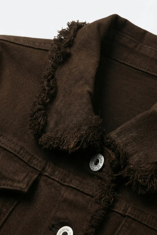 Raw edge denim jacket in chocolate color - Jackets