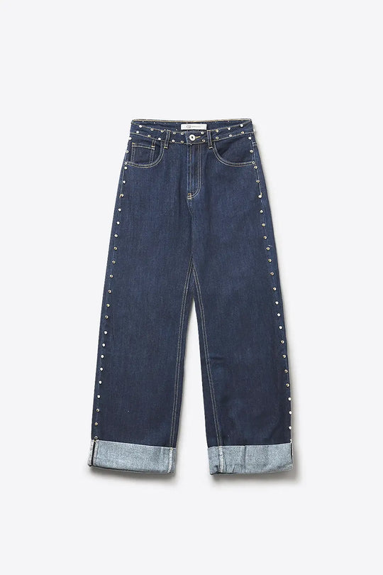 Dark Blue Wide Leg Studded Denim Jeans