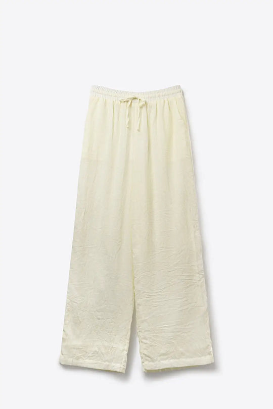 Cream Lightweight Crinkled Wide-Leg Pants with Elastic Waist - Pants