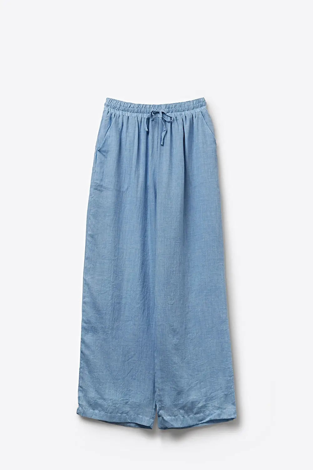 Light Blue Lightweight Crinkled Wide-Leg Pants with Elastic Waist - Pants