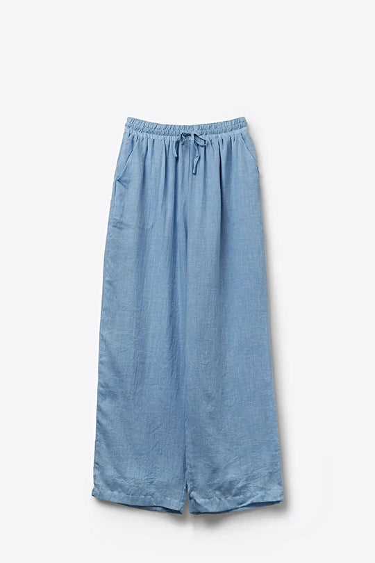 Light Blue Lightweight Crinkled Wide-Leg Pants with Elastic Waist - Pants