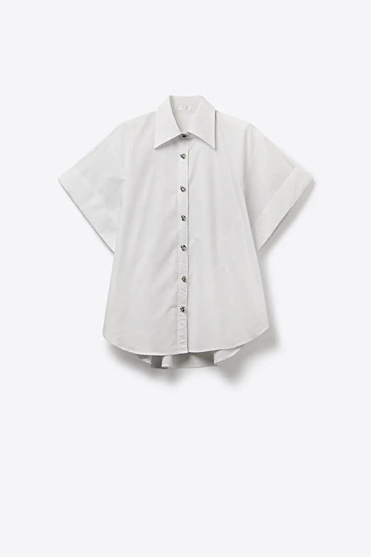 White Short-Sleeve Kimono Shirt with silver buttons - WHITE / ONE - Shirts
