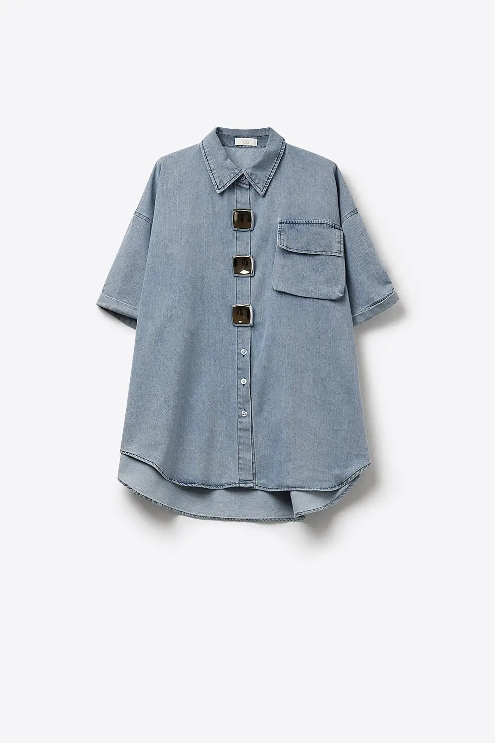 Light Wash Denim Short-Sleeve Shirt with big silver buttons - BLUE / ONE - Shirts