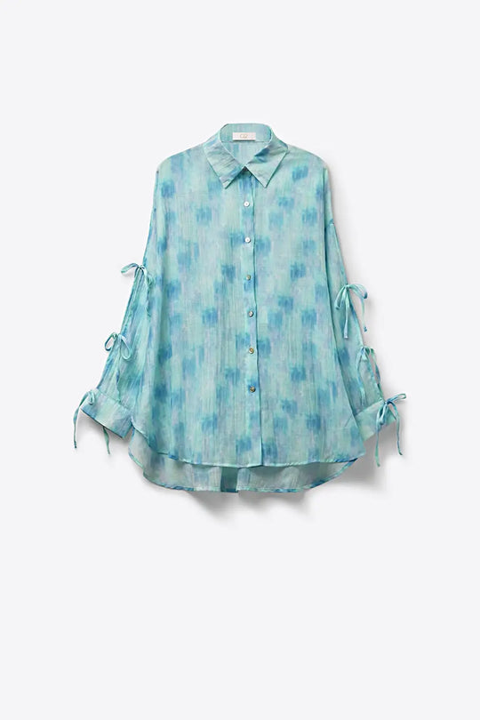 oversized light blue Tie-Sleeve Button-Up Shirt - Shirts