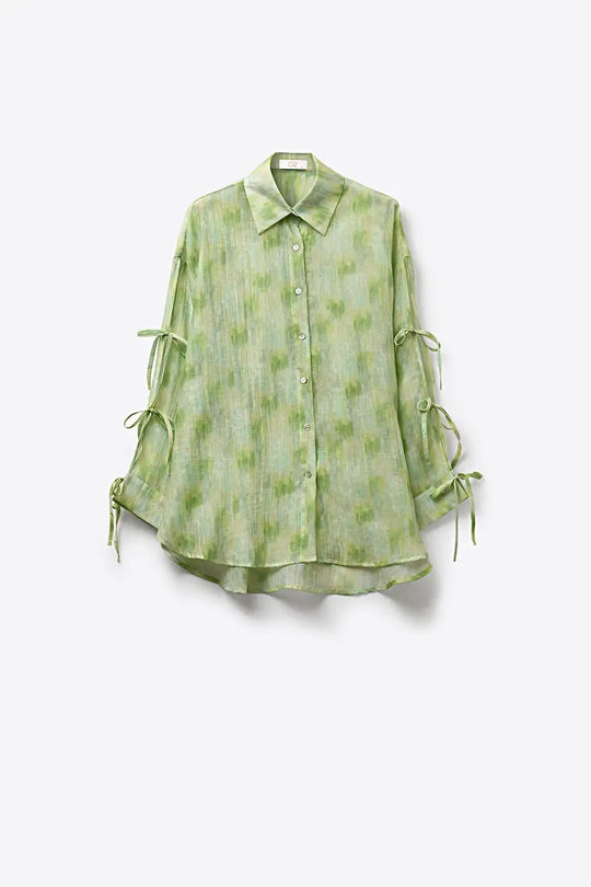 oversized Light Green Tie-Sleeve Button-Up Shirt - Shirts