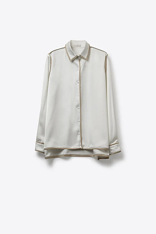 Cream Satin Button-Down Shirt with Contrast Trim - Shirts