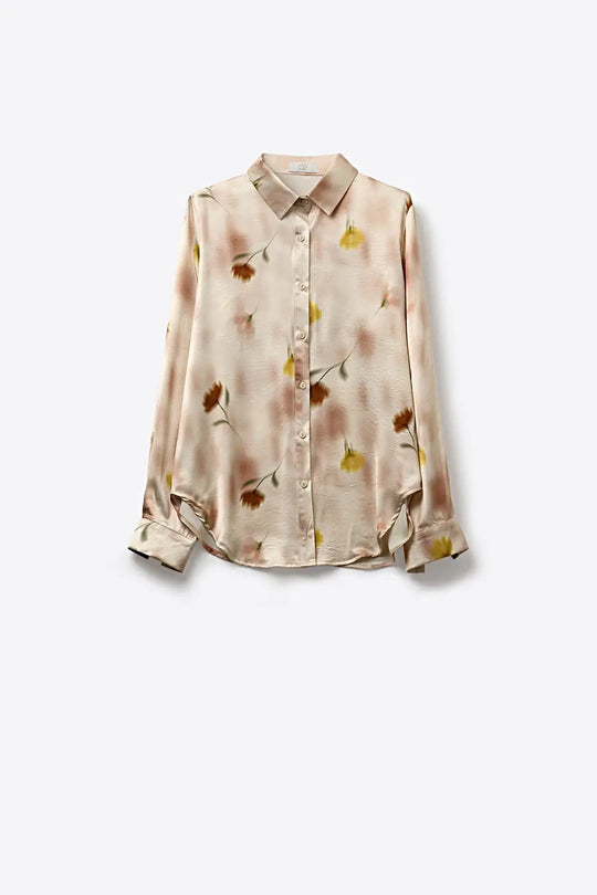 Beige Floral Satin Button-Down Shirt - Shirts