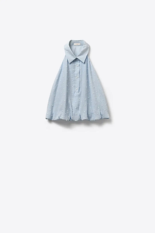 Light Blue Embroidered polka dot Blouse with buttons - Tops