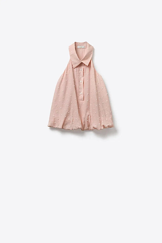 Pink Swiss Dot Sheer Sleeveless Blouse with Collar - Tops
