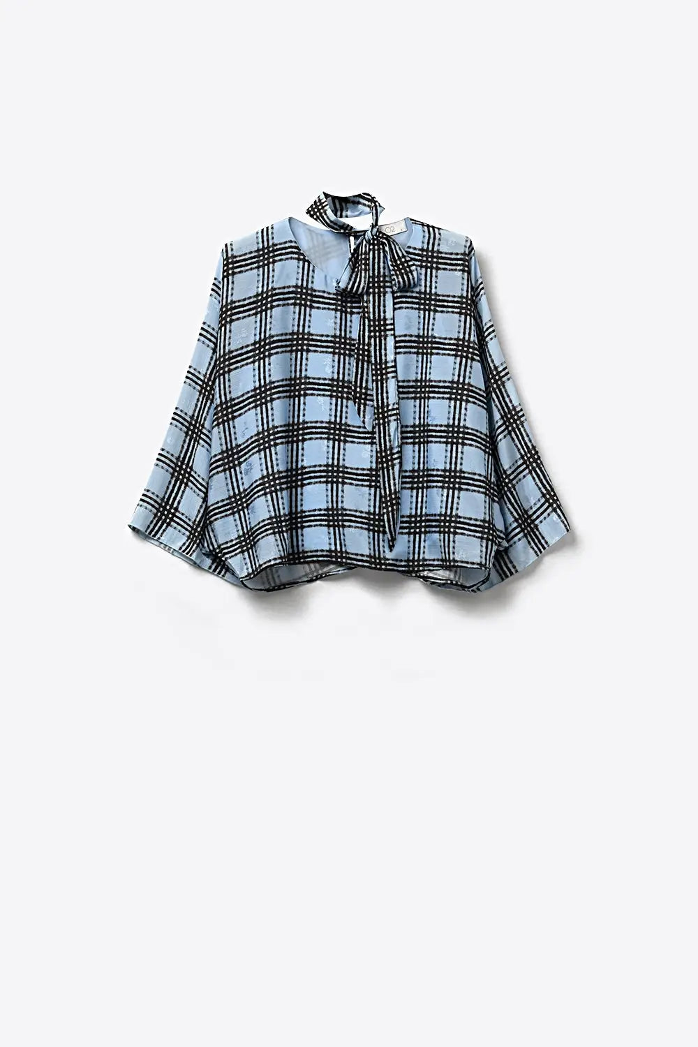 blue Chiffon Blouse with Check Print with Wide Sleeves and Neck Tie - Tops