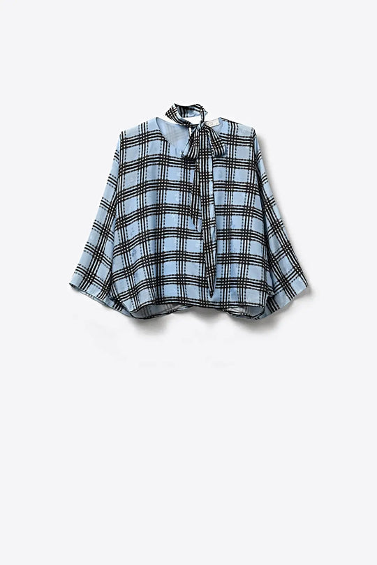 blue Chiffon Blouse with Check Print with Wide Sleeves and Neck Tie - Tops