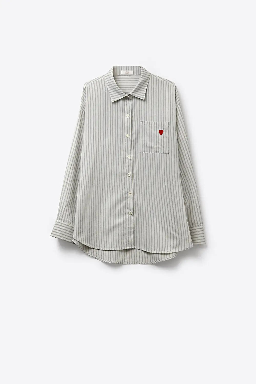 Grey Striped Relaxed Fit Button-Up Shirt with Heart Detail - Shirts