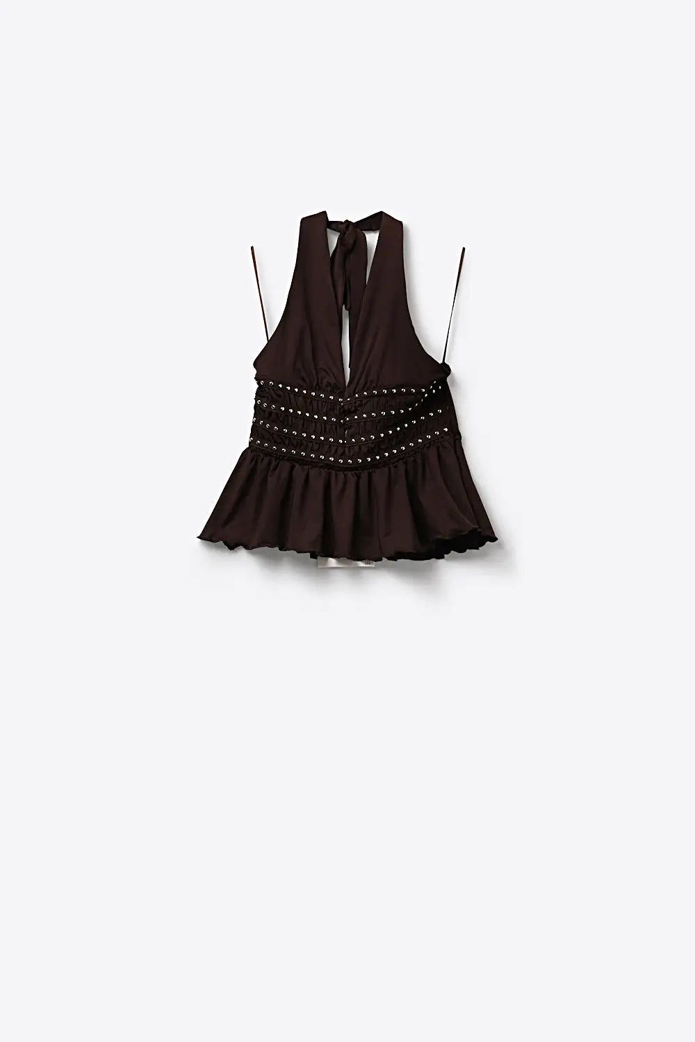 Brown Ruched Peplum halter Top with Stud Details - Tops