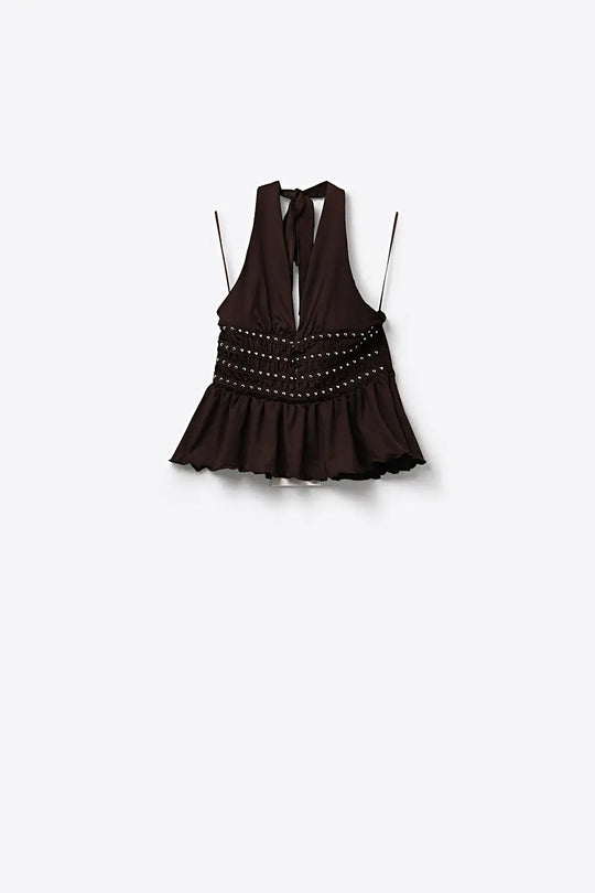 Brown Ruched Peplum halter Top with Stud Details - Tops