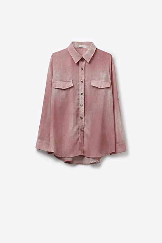Pink chiffon Shirt with strass details and Chest Pockets - Shirts