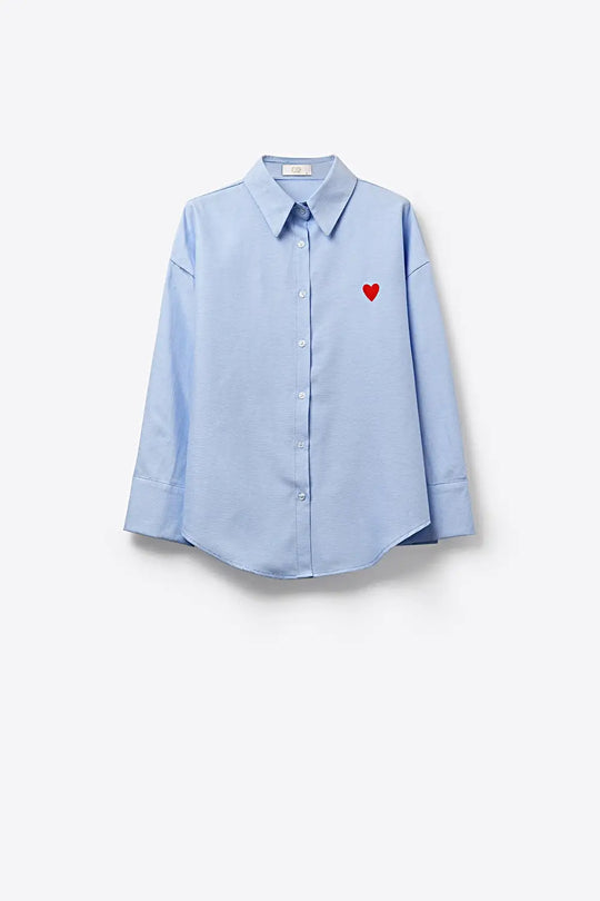 blue Oxford Cotton Shirt with Embroidered red Heart Detail - Shirts