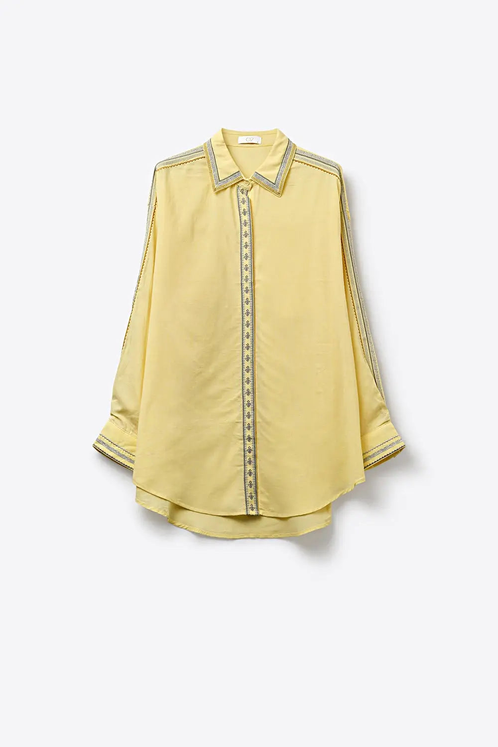Yellow Oversize Shirt with Embroidered Trim Details - Shirts
