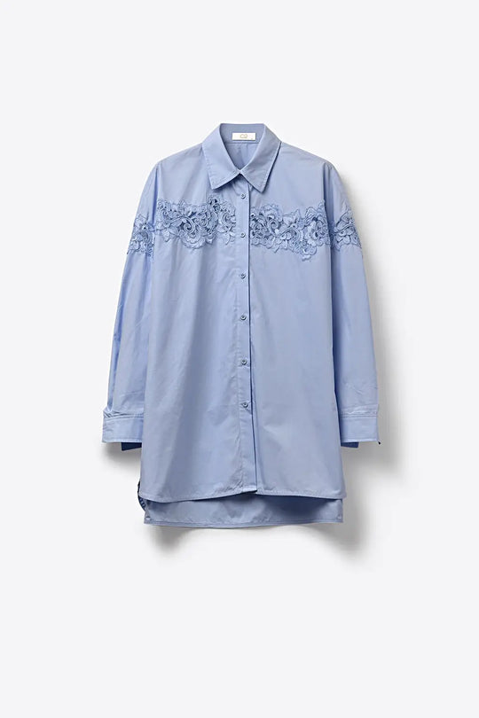 Light Blue Button-Down Shirt with Lace Detail - BLUE / ONE - Shirts