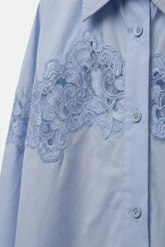 Light Blue Button-Down Shirt with Lace Detail - BLUE / ONE - Shirts