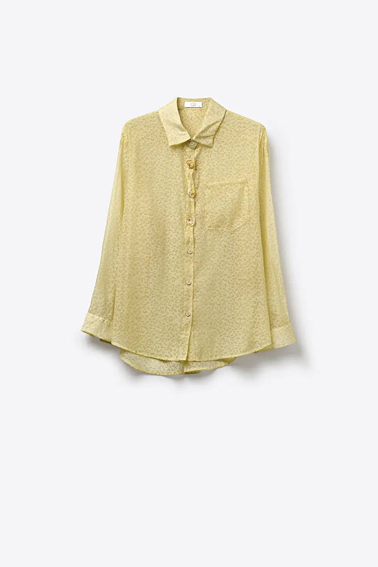 Light Yellow Button-Front Sheer Blouse with Subtle Print - Shirts
